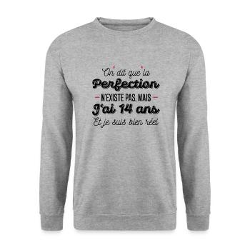 14 ans de perfection / cadeau anniversaire 14 ans - Sweat-shirt Unisexe - gris chiné - Devant - Alina (178cm) & Michal (187cm)