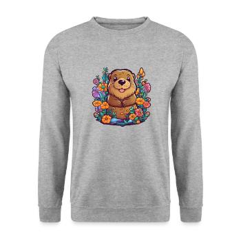 Bieber dans un paysage de dessin animé pop avec des fleurs - Sweat-shirt Unisexe - gris chiné - Devant - Alina (178cm) & Michal (187cm)