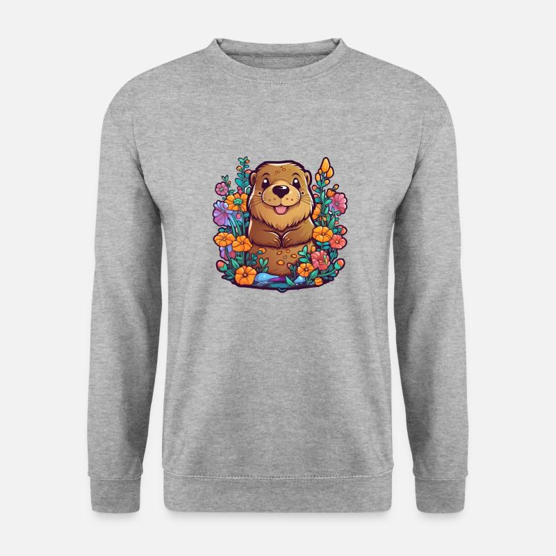 Bieber in pop-artiger Cartoon-Landschaft mit Blume - Unisex Pullover - Weißgrau meliert
