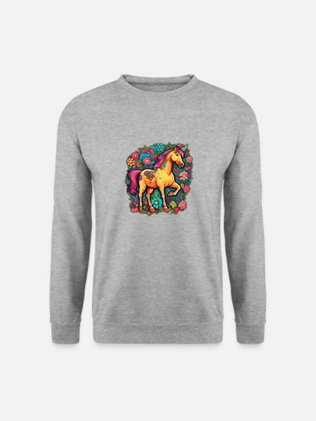 Niedliches Pferd in buntem Cartoon-Blumenmeer - Unisex Pullover - Weißgrau meliert