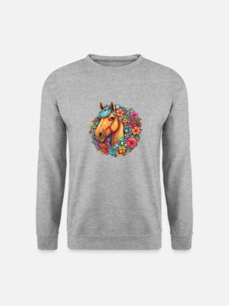 Niedliches Pferdegesicht in Blumenmeer - Unisex Pullover - Weißgrau meliert