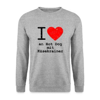 I love Hotdog mit Käsekrainer - Unisex Pullover - Weißgrau meliert - Vorne - Alina (178cm) & Michal (187cm)