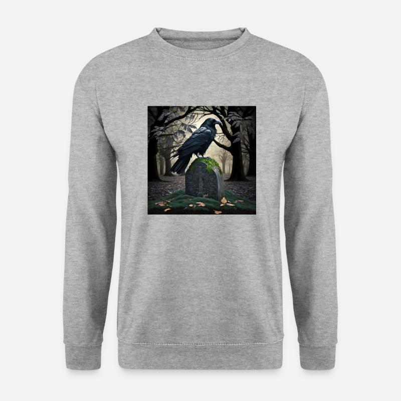 Schwarzer Rabe auf Grabstein, Illustration - Unisex Pullover - Weißgrau meliert