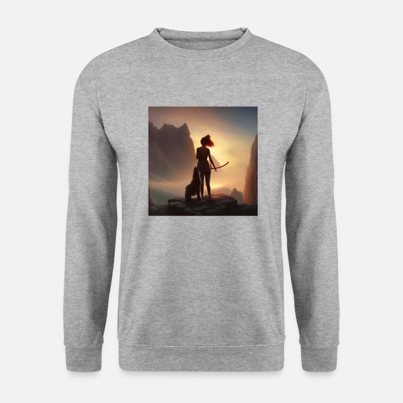 Mädchen mit Hund bei Sonnenuntergang dystopisch - Unisex Pullover - Weißgrau meliert