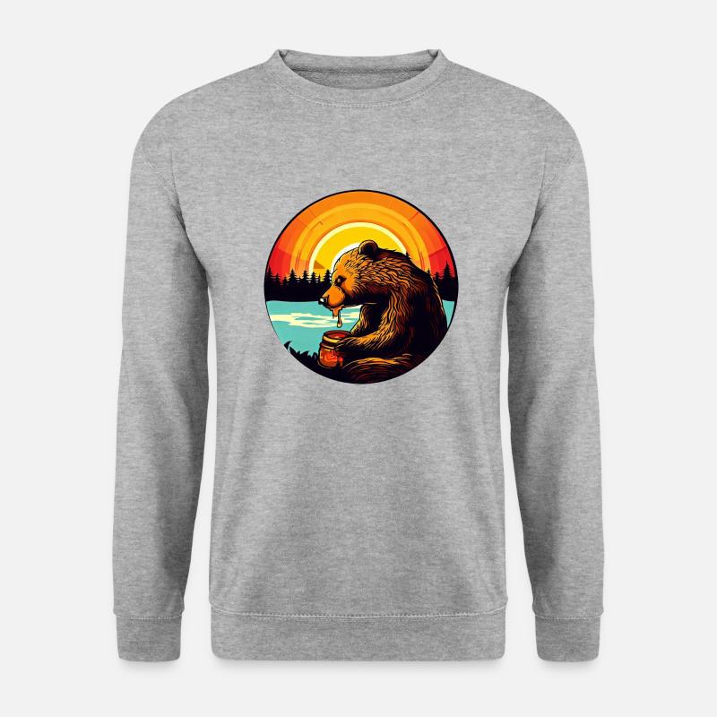 Bär frisst Honig beim Sonnenuntergang - Unisex Pullover - Weißgrau meliert