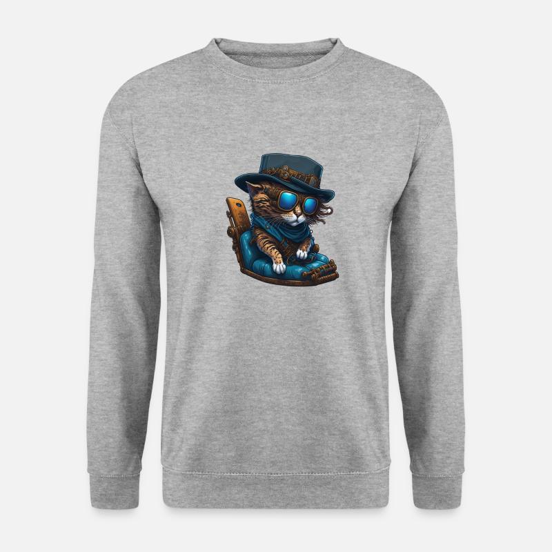 Steampunk Cool Cat 01 - Unisex Pullover - Weißgrau meliert