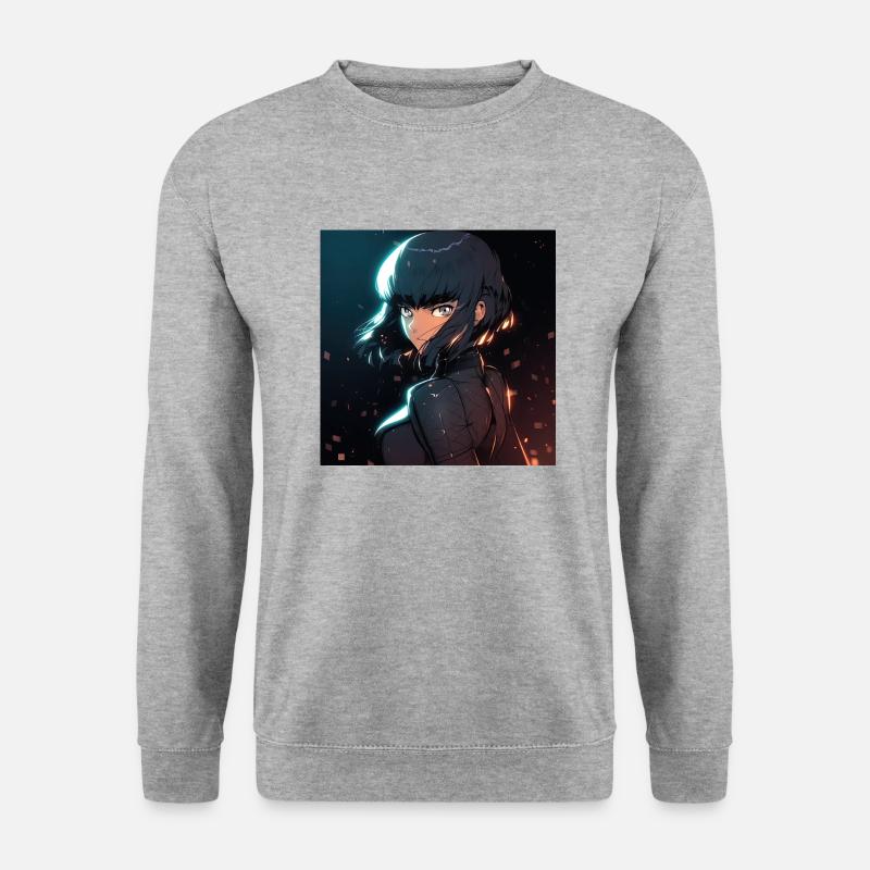 Kybernetische Enigma: Mysteriöse Frau im Anime-Stil - Unisex Pullover - Weißgrau meliert