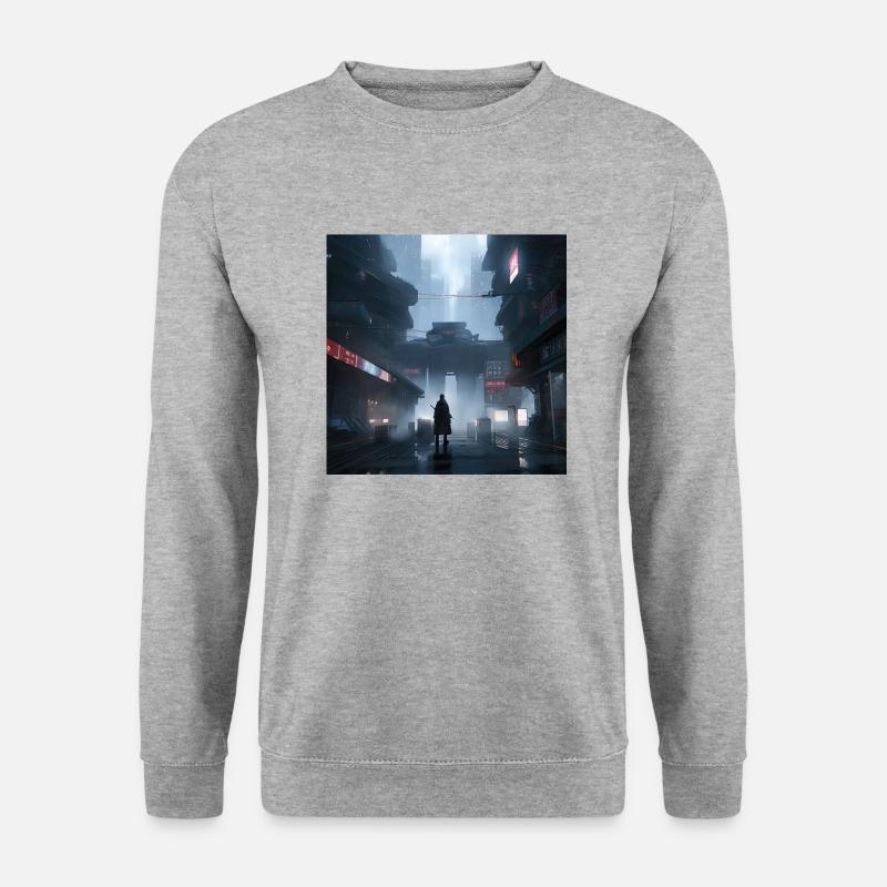 Shadow Ronin: Samurai-Silhouette im Regen - Unisex Pullover - Weißgrau meliert