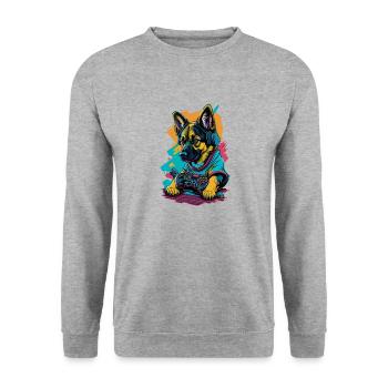 Deutscher Schäferhundwelpe spielt mit Gamecontroll - Unisex Pullover - Weißgrau meliert - Vorne - Alina (178cm) & Michal (187cm)