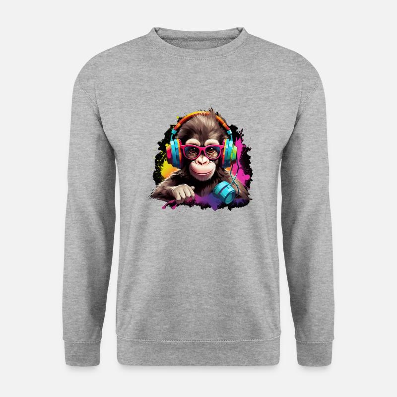 Baby Affe mit Headset Monkey Witzig - Unisex Pullover - Weißgrau meliert