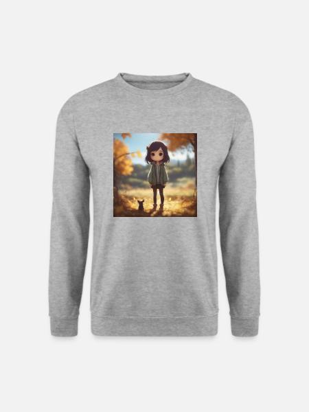 Cute Anime Girl with little animal - Unisex Pullover - Weißgrau meliert