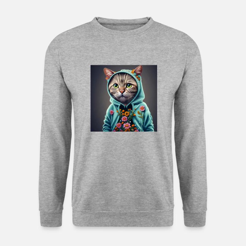 Katze mit Kapuze und Blumen - Unisex Pullover - Weißgrau meliert