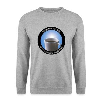"Morgens in der Früh trink ich meine Kaffeebrüh" - Unisex Pullover - Weißgrau meliert - Vorne - Alina (178cm) & Michal (187cm)
