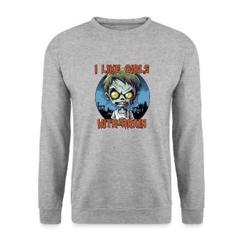 Zombie - I LIKE GIRLS WITH BRAIN - Unisex Pullover - Weißgrau meliert - Vorne - Alina (178cm) & Michal (187cm)