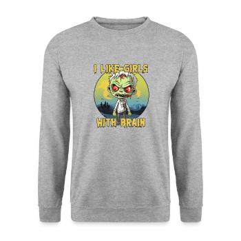 Zombie - I LIKE GIRLS WITH BRAIN - Unisex Pullover - Weißgrau meliert - Vorne - Alina (178cm) & Michal (187cm)