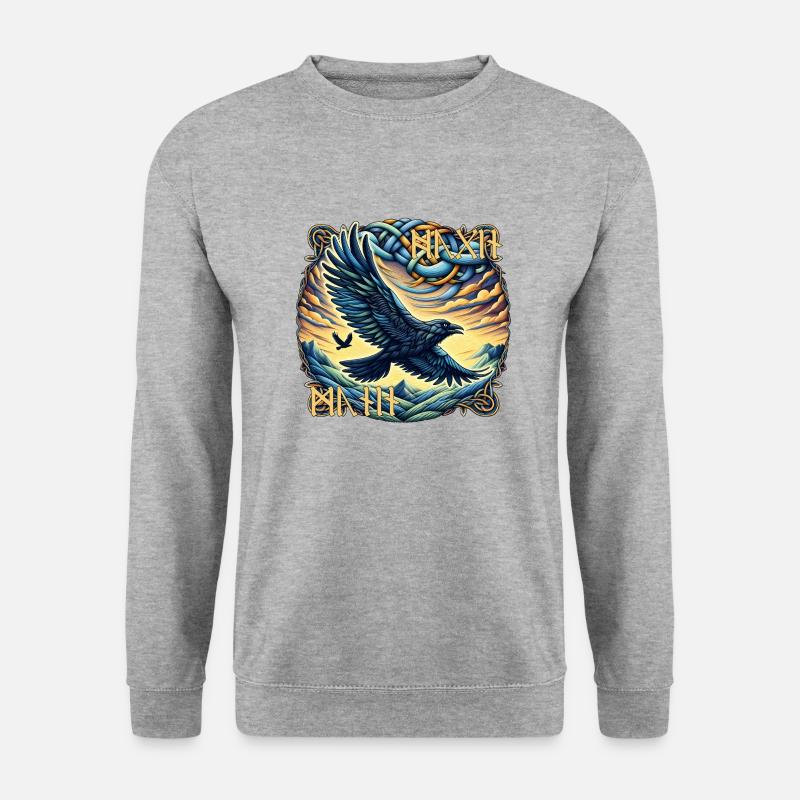 Hugin & Munin - Odins Raben mit Runenschrift - Unisex Pullover - Weißgrau meliert