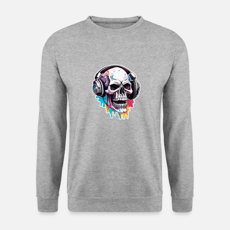 Kopfhörer / Audio / Musik / Totenkopf / cool - Unisex Pullover - Weißgrau meliert