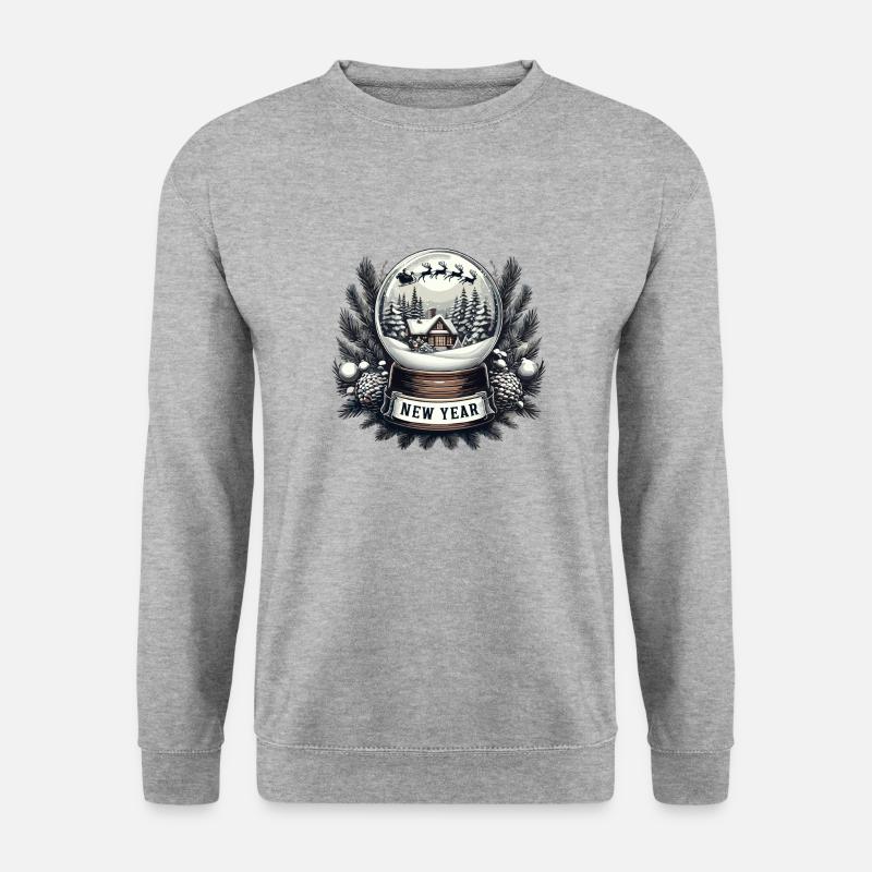 Neujahrszauber: Schneekugel & Schlitten des Weihnachtsmanns - Unisex Pullover - Weißgrau meliert