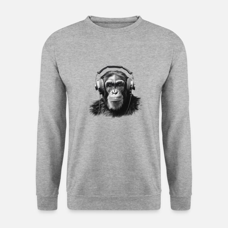 Schimpanse mit Kopfhörern - Unisex Pullover - Weißgrau meliert