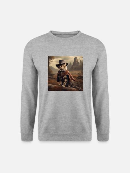 Katze / Tier / Foto / Sepia / Retro / Cowboy - Unisex Pullover - Weißgrau meliert