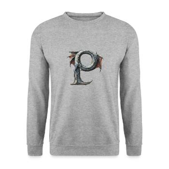 Buchstabe "P" im Drachendesign. - Unisex Pullover - Weißgrau meliert - Vorne - Alina (178cm) & Michal (187cm)