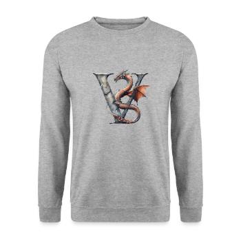 Buchstabe "V" im Drachendesign. - Unisex Pullover - Weißgrau meliert - Vorne - Alina (178cm) & Michal (187cm)