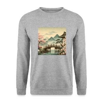 Japan Vintage Holzbrücke - Unisex Pullover - Weißgrau meliert - Vorne - Alina (178cm) & Michal (187cm)