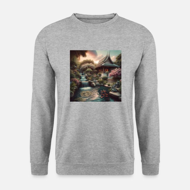 Japan Vintage Wasserfall Garten - Unisex Pullover - Weißgrau meliert