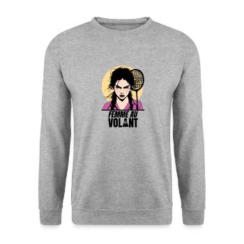ATTENTION, FEMME AU VOLANT ! (badminton) - Sweat-shirt Unisexe - gris chiné - Devant - Alina (178cm) & Michal (187cm)