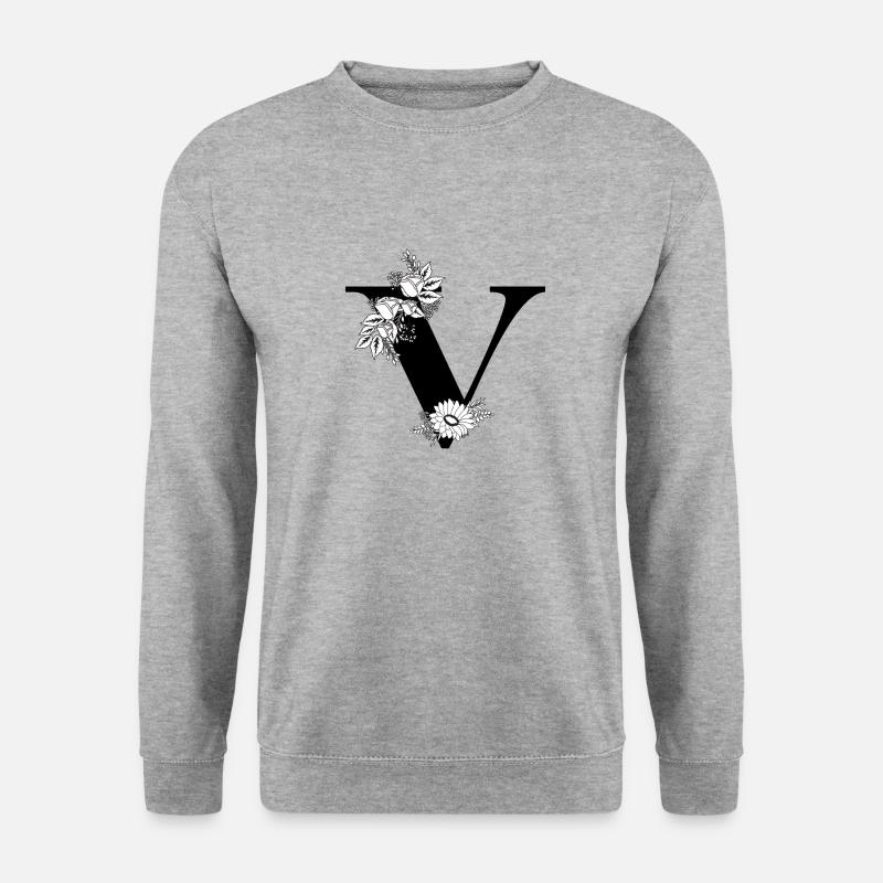 Blumenbuchstabe v schwarz-weiß - Unisex Pullover - Weißgrau meliert