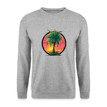 Tropische Palme bei Sonnenuntergang – Urlaubsmotiv - Unisex Pullover - Weißgrau meliert - Vorne - Alina (178cm) & Michal (187cm)