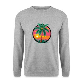 Tropische Palme bei Sonnenuntergang – Urlaubsmotiv - Unisex Pullover - Weißgrau meliert - Vorne - Alina (178cm) & Michal (187cm)