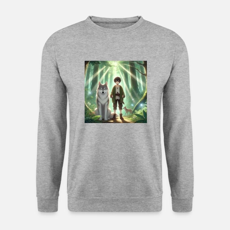 Mann mit Wolf Anime - Unisex Pullover - Weißgrau meliert