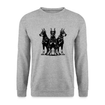 Dobermänner Hunde als dreier Wachgruppe - Unisex Pullover - Weißgrau meliert - Vorne - Alina (178cm) & Michal (187cm)