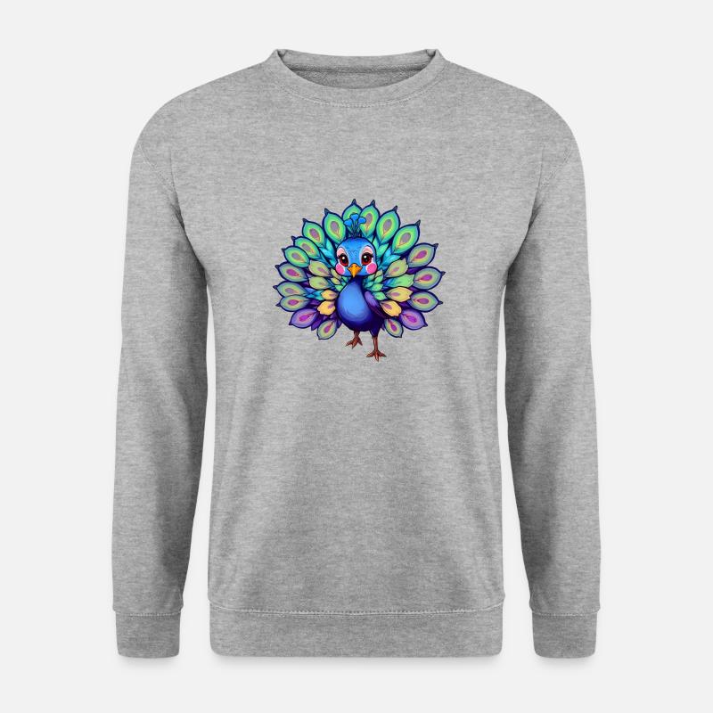 Verspielte Pfauenillustration mit leuchtenden Farben - Unisex Pullover - Weißgrau meliert