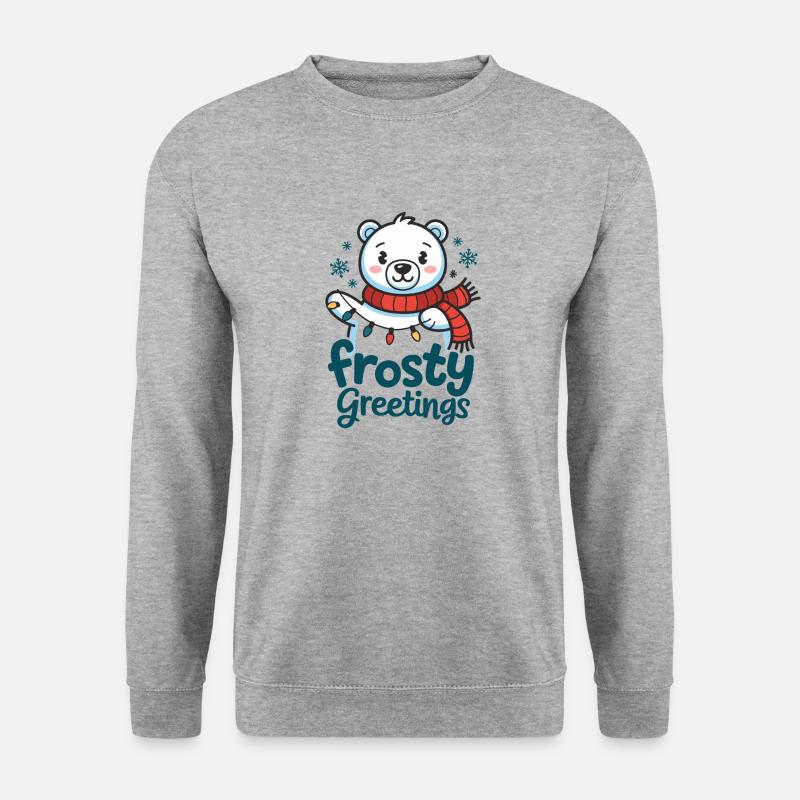 Frostige Grüße – Eisbär mit Lichterkette - Unisex Pullover - Weißgrau meliert