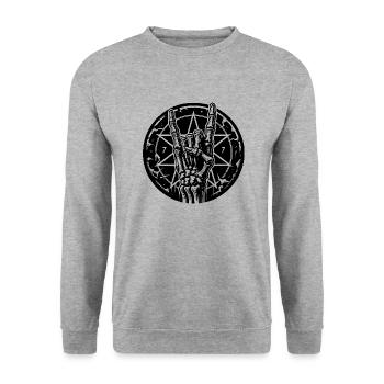 Knochenhand mit Pentagramm macht devil horns - Unisex Pullover - Weißgrau meliert - Vorne - Alina (178cm) & Michal (187cm)