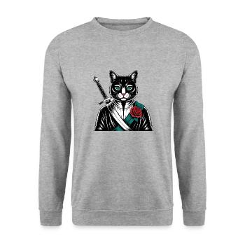 Die Samurai-Katze, die Bushido-Katze - Unisex Pullover - Weißgrau meliert - Vorne - Alina (178cm) & Michal (187cm)