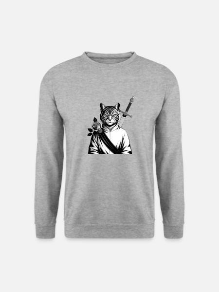 Die Samurai-Katze, die Bushido-Katze - Unisex Pullover - Weißgrau meliert