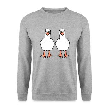 2 Möwen Mittelfinger Beleidigung Stinkefinger Team - Unisex Pullover - Weißgrau meliert - Vorne - Alina (178cm) & Michal (187cm)
