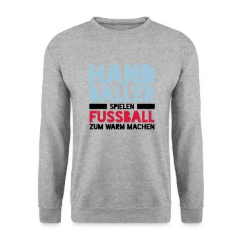 Handballer spielen Fussball zum Warm machen - Unisex Pullover - Weißgrau meliert - Vorne - Alina (178cm) & Michal (187cm)