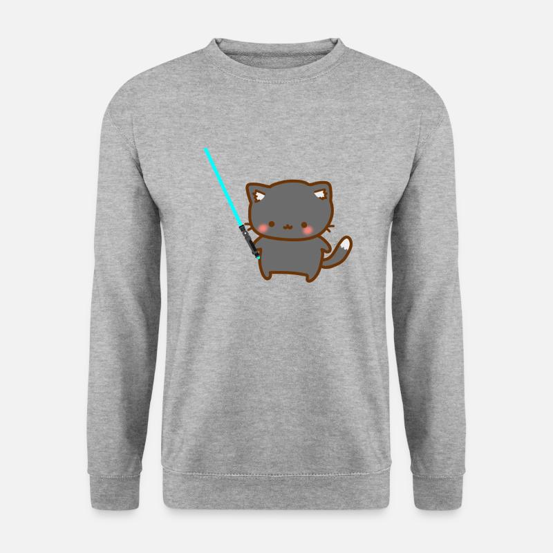 Süße Katze mit blauem Lichtschwert - Unisex Pullover - Weißgrau meliert