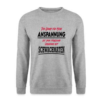 Sprüche Umgang Schwachmat - Unisex Pullover - Weißgrau meliert - Vorne - Alina (178cm) & Michal (187cm)
