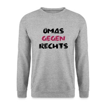 Omas gegen Rechts mittig - Unisex Pullover - Weißgrau meliert - Vorne - Alina (178cm) & Michal (187cm)