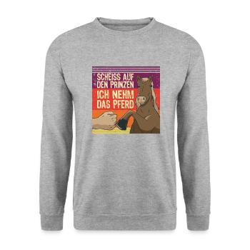 Scheiss Auf Den Prinzen Ich Nehm Das Pferd - Unisex Pullover - Weißgrau meliert - Vorne - Alina (178cm) & Michal (187cm)