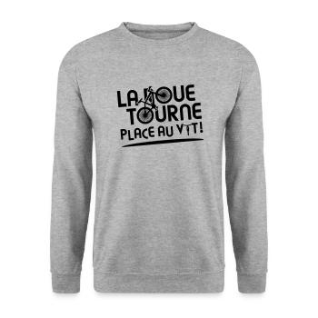 LA ROUE TOURNE, PLACE AU VTT ! (vélo) flex - Sweat-shirt Unisexe - gris chiné - Devant - Alina (178cm) & Michal (187cm)