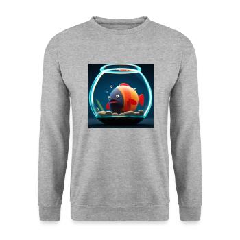 Lustiger oranger Fisch im Aquarium - von einer KI - Unisex Pullover - Weißgrau meliert - Vorne - Alina (178cm) & Michal (187cm)
