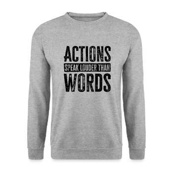 Taten sagen mehr als Worte - Motivationsgeschenk - Unisex Pullover - Weißgrau meliert - Vorne - Alina (178cm) & Michal (187cm)