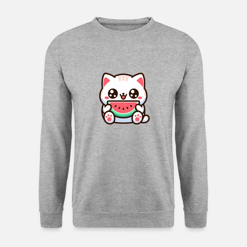 Kawaii Katze, die eine Melone isst - Unisex Pullover - Weißgrau meliert