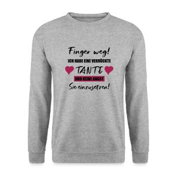 Finger Weg! Ich habe eine verrückte Tante! - Unisex Pullover - Weißgrau meliert - Vorne - Alina (178cm) & Michal (187cm)